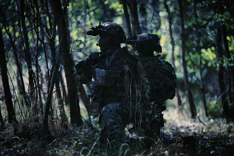 Operators halted in pine woodland, weapons low, kit worn under load