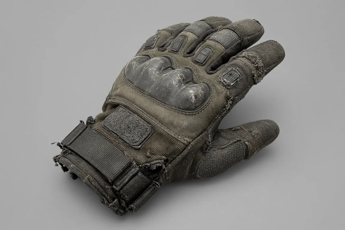 Worn tactical glove with a hardened knuckle plate photographed alone against a plain grey background